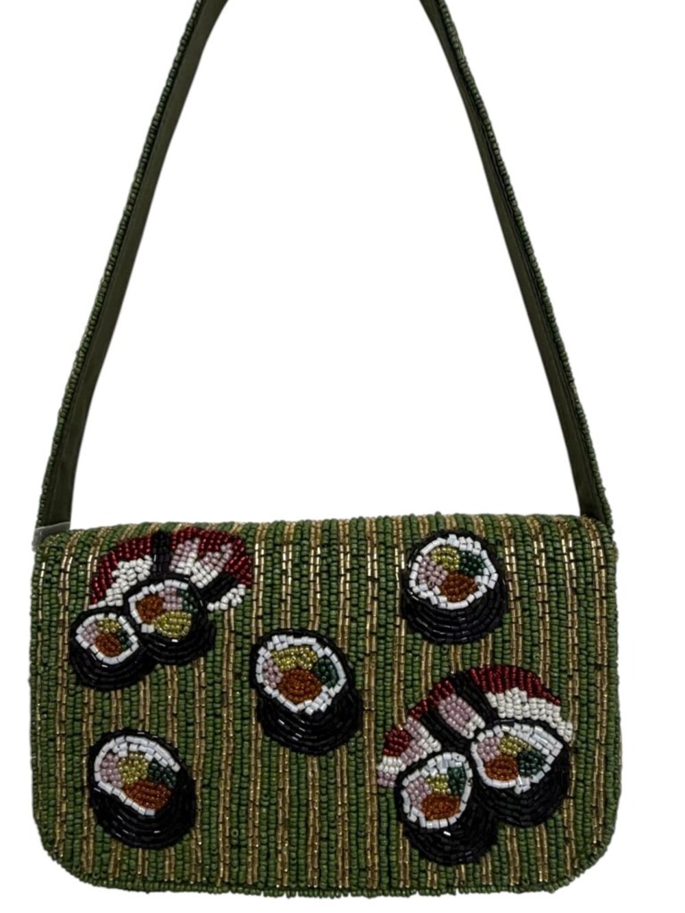 Sushi Rolls Green and Gold Striped Beaded Shoulder Bag From India to You NWT